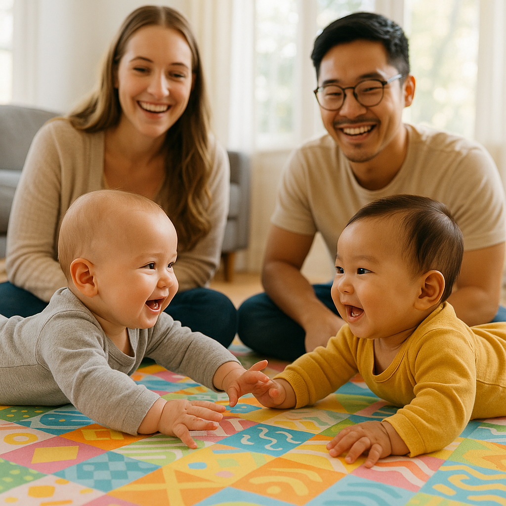 Two infants reaching toward each other on a play mat