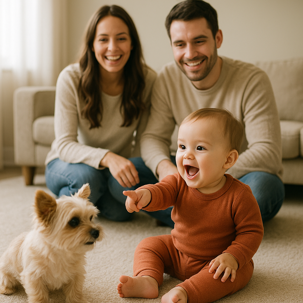 Curious 12-month-old pointing at the family dog while a parent names the animal