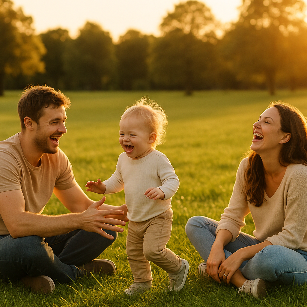 Family playing outdoors together, no screens in sight