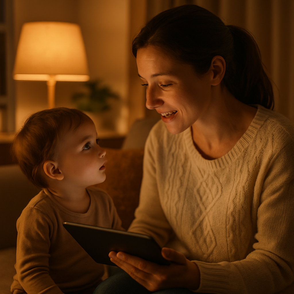 Mother talking to toddler while holding a tablet