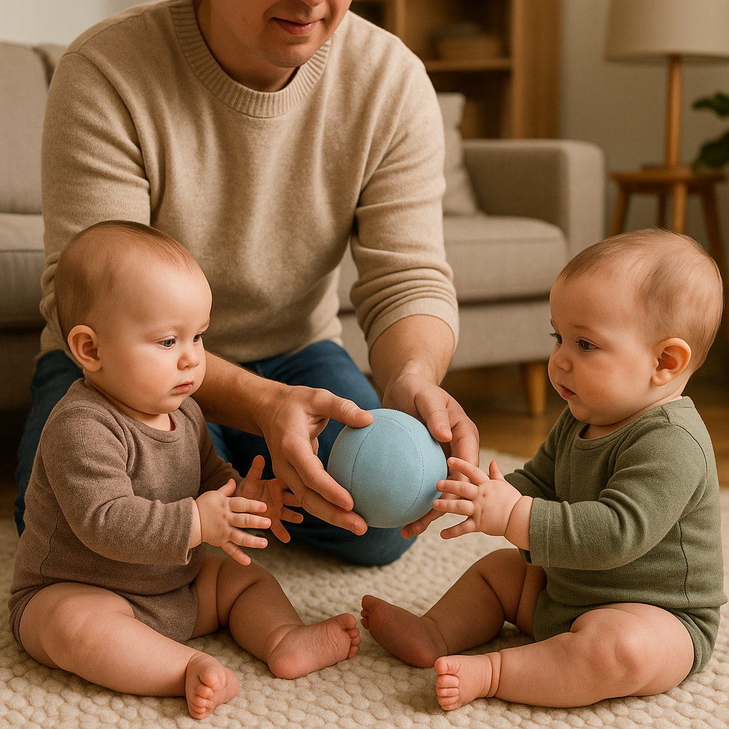Parent kneeling and passing a soft ball between two seated infants