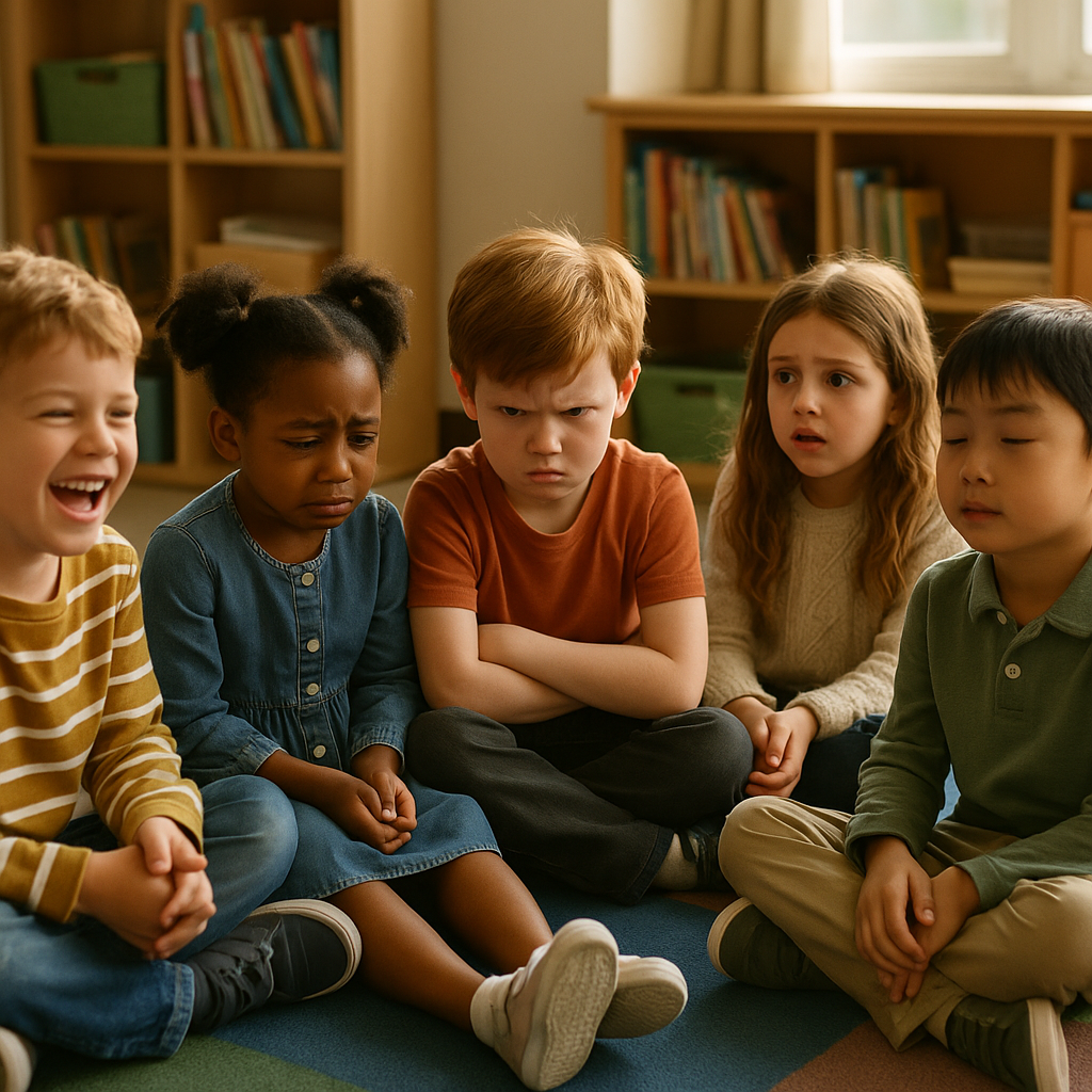 Group of diverse kids showing different emotions