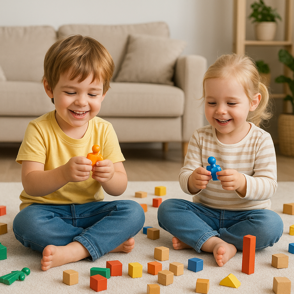 Two young children playing together with toys